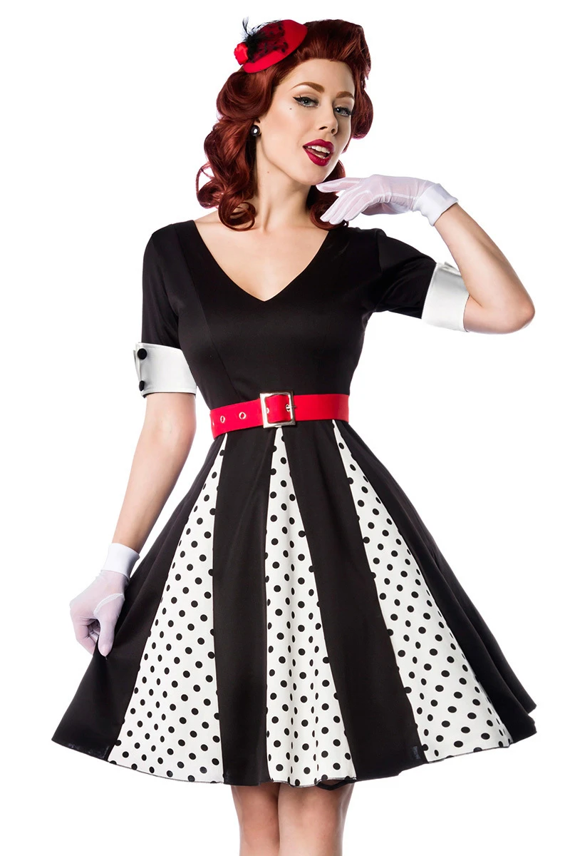 Retro-Godet-Kleid mit V-Ausschnitt und Dots