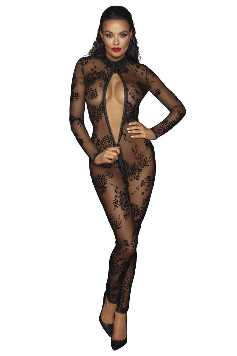 Tüll Overall Transparenter Bodystocking durchsichtig mit Flockstickerei