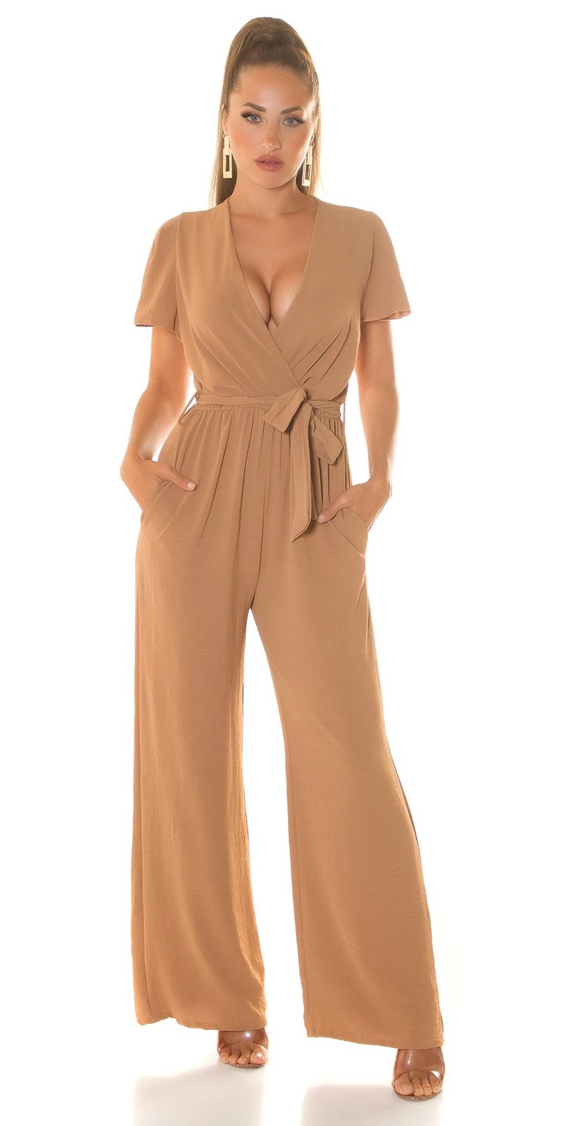 Maxi Marlene Wickel V-Neck Jumpsuit mit kurzen Flügel-Ärmel und Gürtel