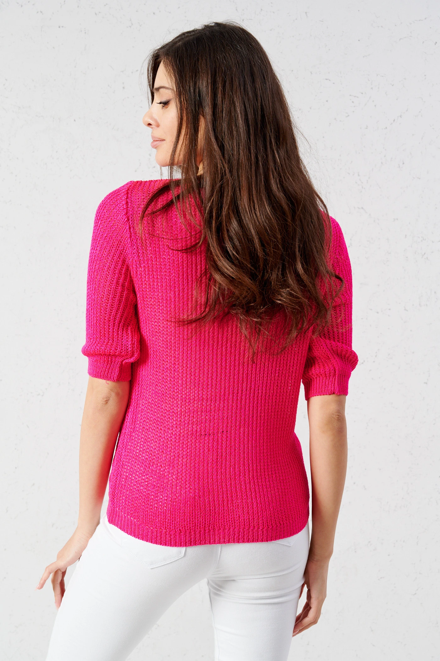 Uni Kurzarm Strick Pullover mit Zopf-Muster