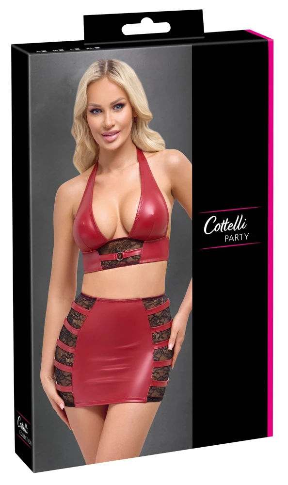 Cottelli PARTY Wetlook Set mit Bauchfreiem Neckholder Top und engem Minirock mit Spitzen Verzierung