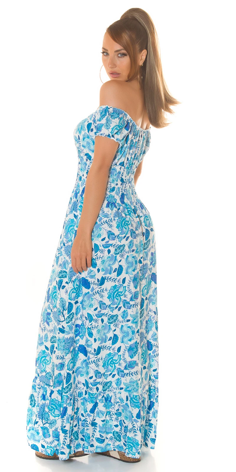 Off Shoulder Carmen Maxikleid Sommer Kleid Bodenlang mit Deko Knöpfe und Blumenmuster Flower Print