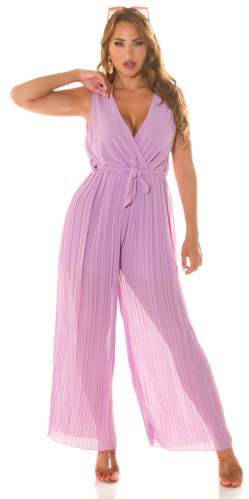 Wickel V-Neck Plissee Maxi Jumpsuit semi-transparent mit Gürtel