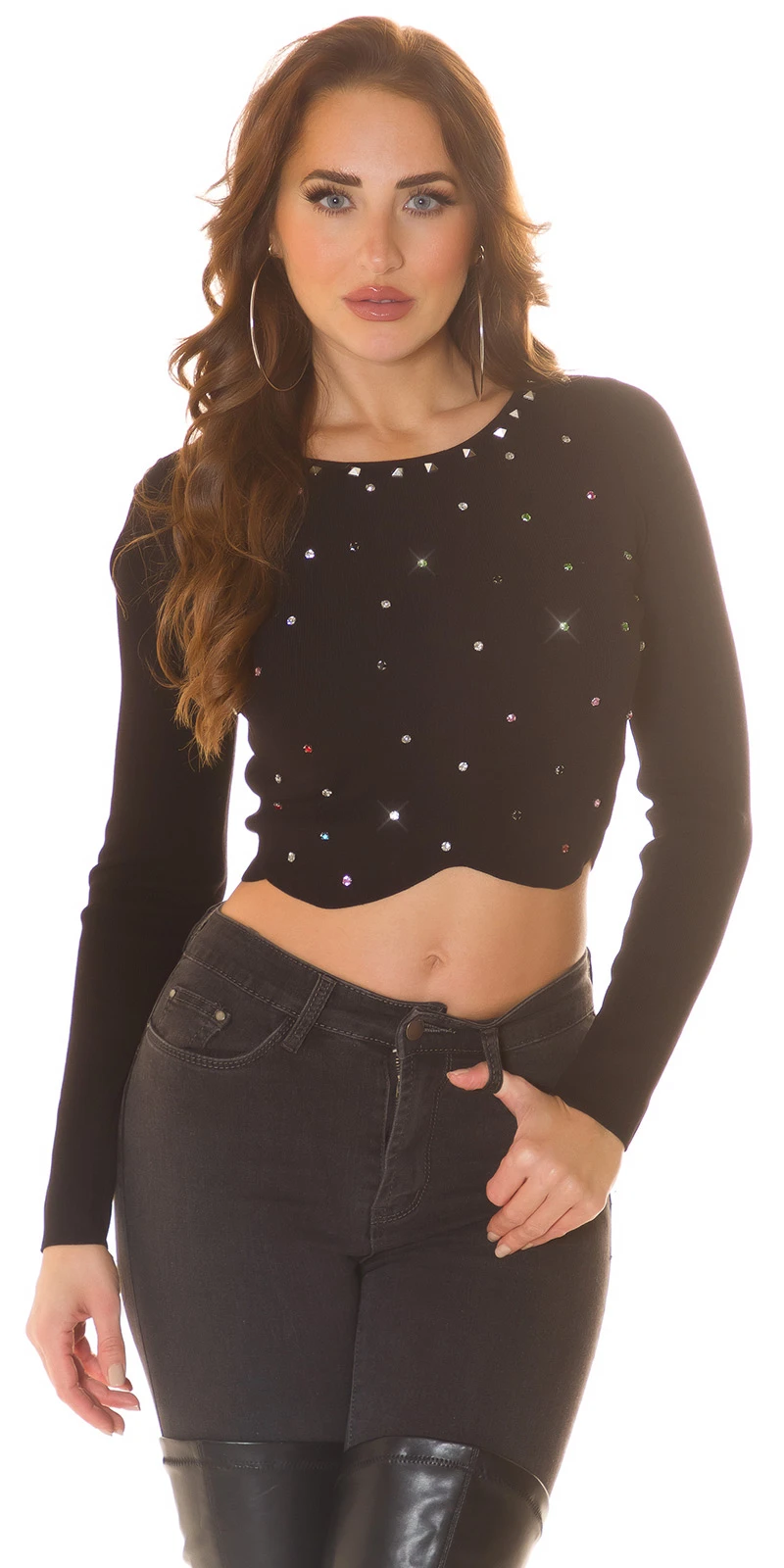 Crop Strickpullover Bauchfrei Langarm Rundhals-Ausschnitt Pullover mit bunten Glitzernieten