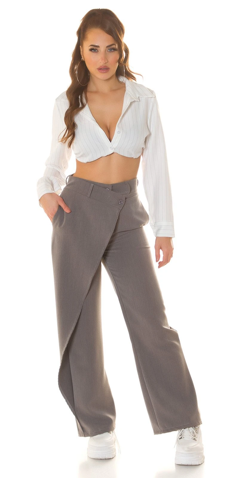 Highwaist Hose Stoffhose Bootcut Weites Bein mit Asymmetrie Akzent