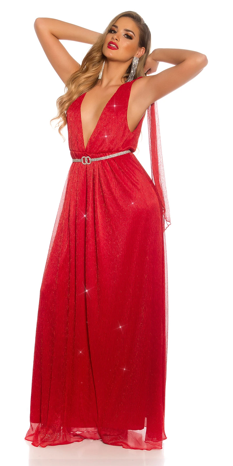 Doppel V-Neck Glitter Silvester Maxi Cocktail Kleid mit Deko Schleppen