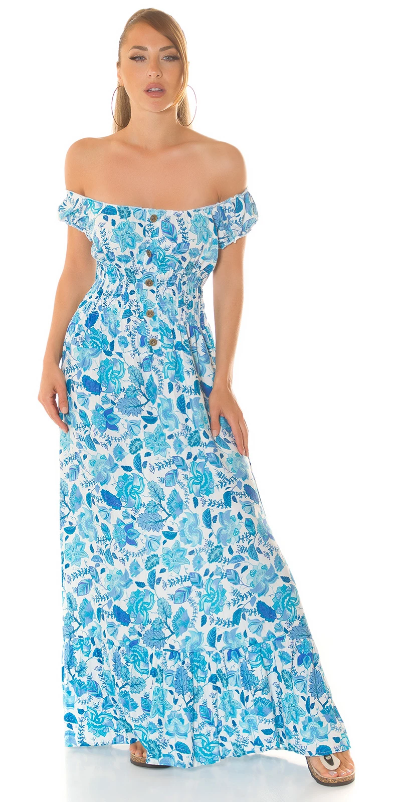 Off Shoulder Carmen Maxikleid Sommer Kleid Bodenlang mit Deko Knöpfe und Blumenmuster Flower Print