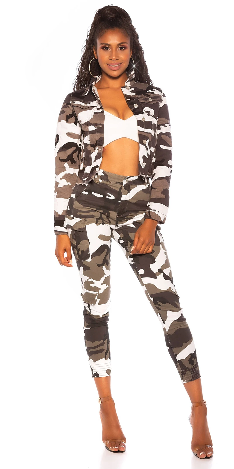 Camouflage Printed Crop Jeans Jacke im Used Look