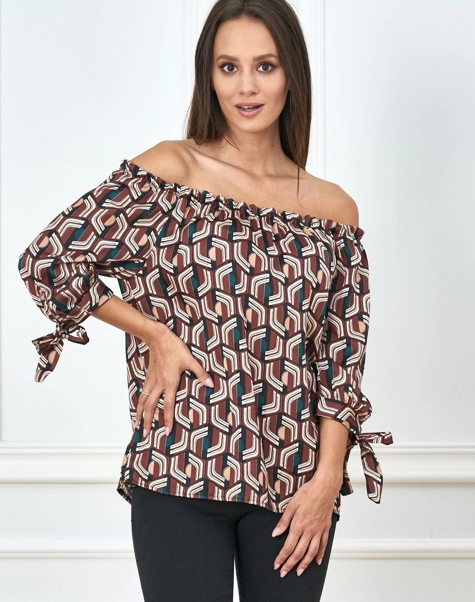 Off Shoulder Satin Blusen Shirt mit Retro-Print