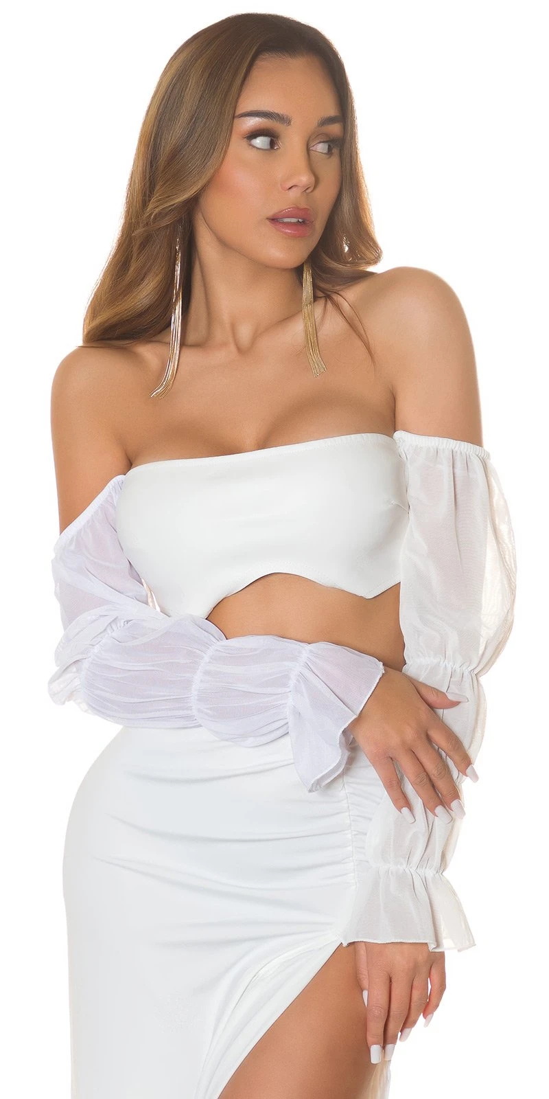 Off Shoulder Leder Look Carmen Crop Top Kunstleder Bustier Partytop mit Chiffon Ärmel Langarm