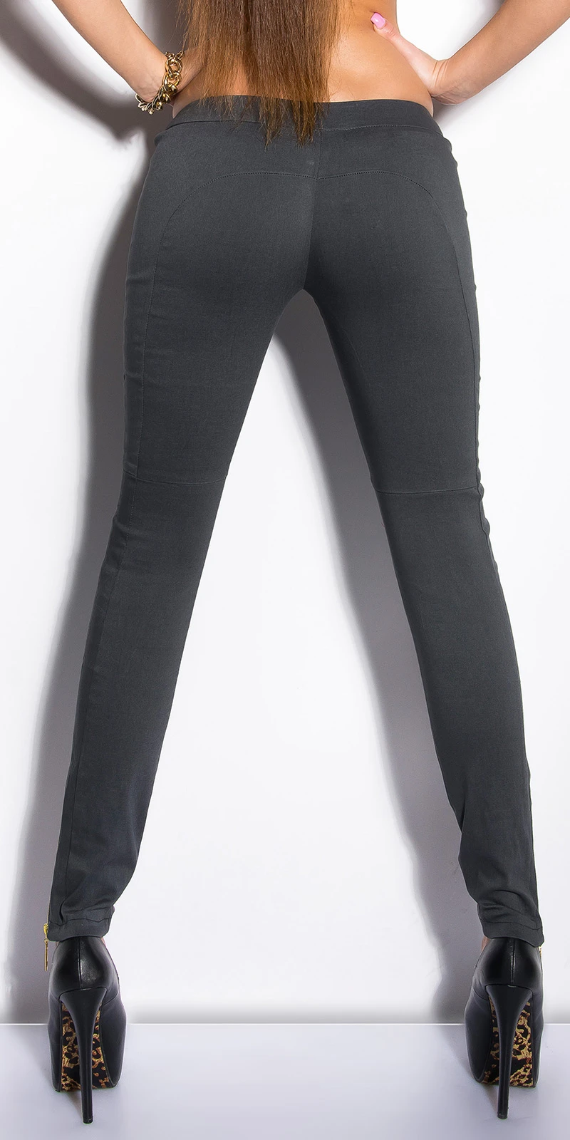 Skinny Hüft Stretch Hose mit Leder-Look-Touch und Deko Zipper