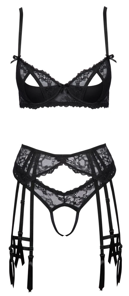 Cottelli LINGERIE Ouvert Set, Bügel-BH, Strapsgürtel und Riostring im Set aus schwarze Spitze