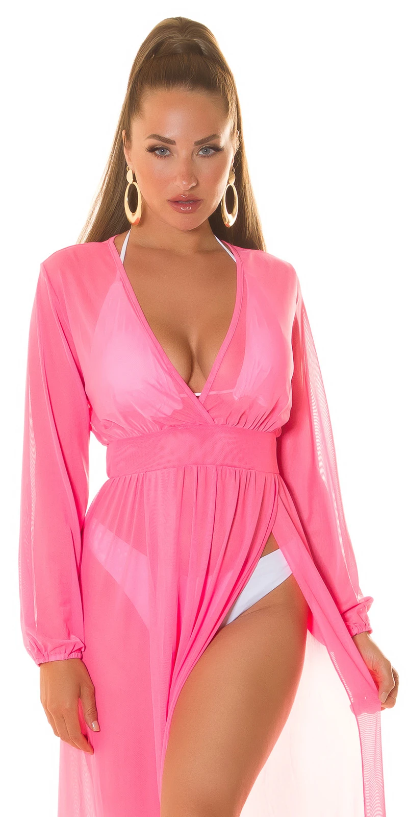 Cover-Up Kleid Maxikleid Langarm Strandkleid Transparent mit V-Neck und Beinschlitz