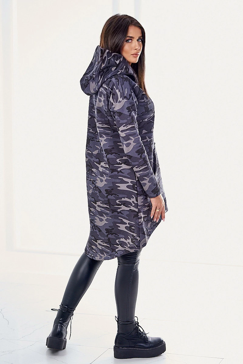 Camouflage Kapuzenpullover lang Freizeitkleid Minikleid Hoddie Sweatkleid