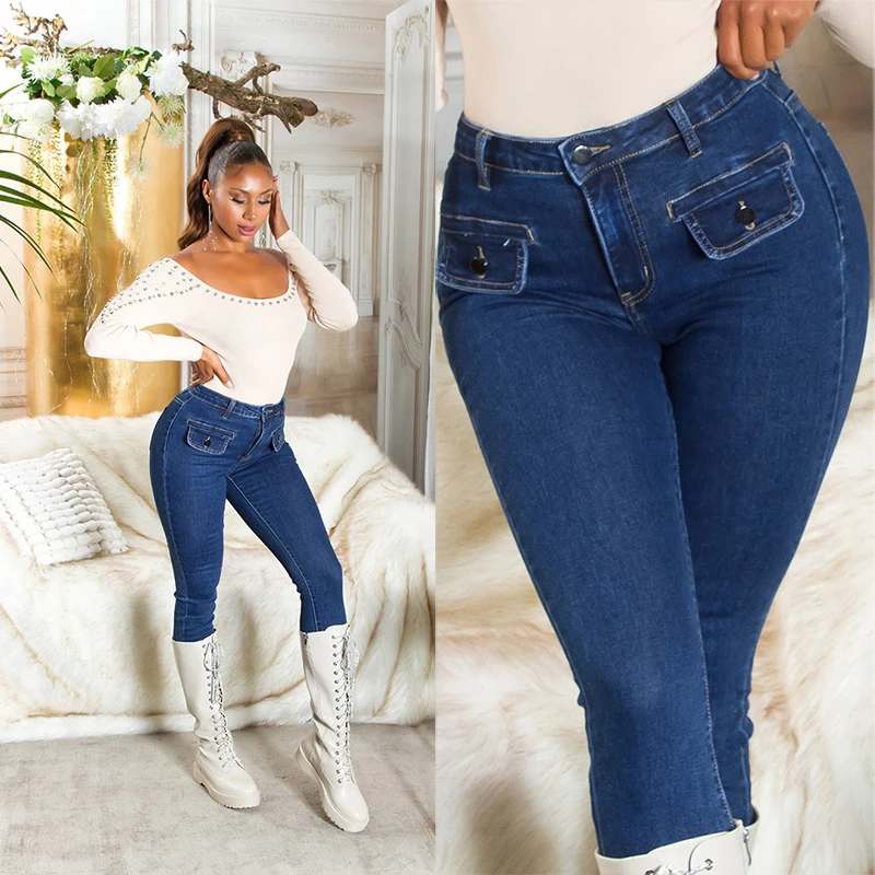 Skinny Fit High Waist Stretch Jeans Denim Hose mit Klappen