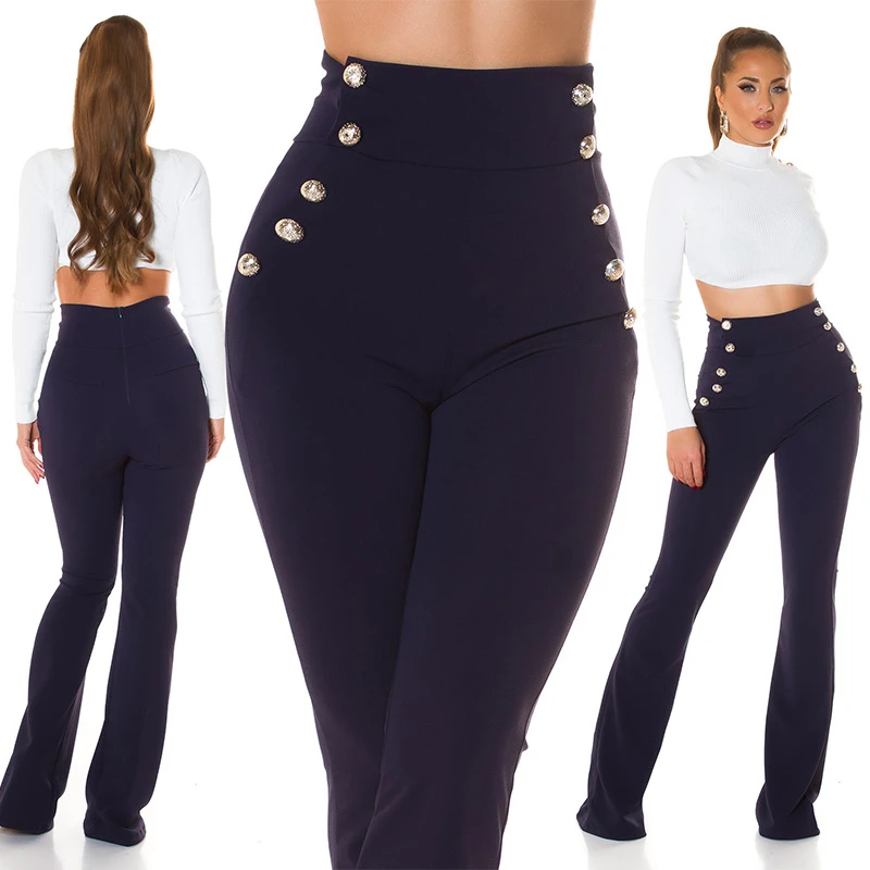 Stoff Business High Waist Schlag Hose mit Deko Knöpfe