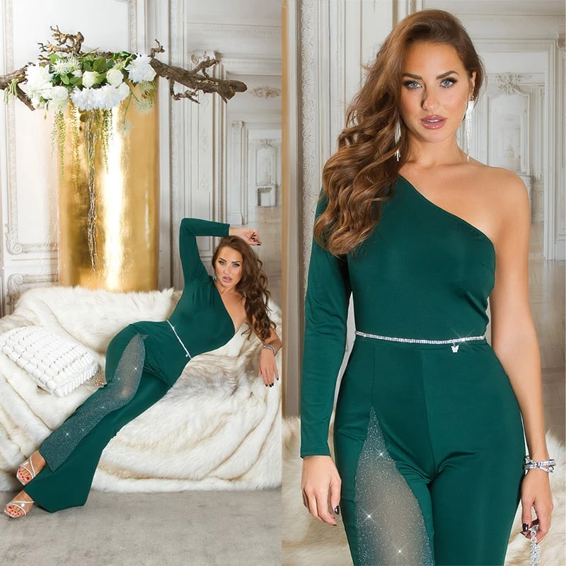 One Shoulder Long Jumpsuit Overall mit Glitzer Mesh und Schlag