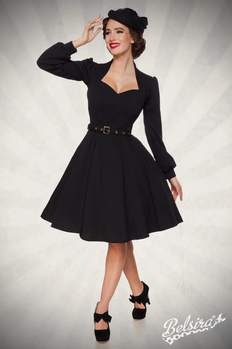 Damen Retro Kleid mit langen Ärmel mit Gürtel