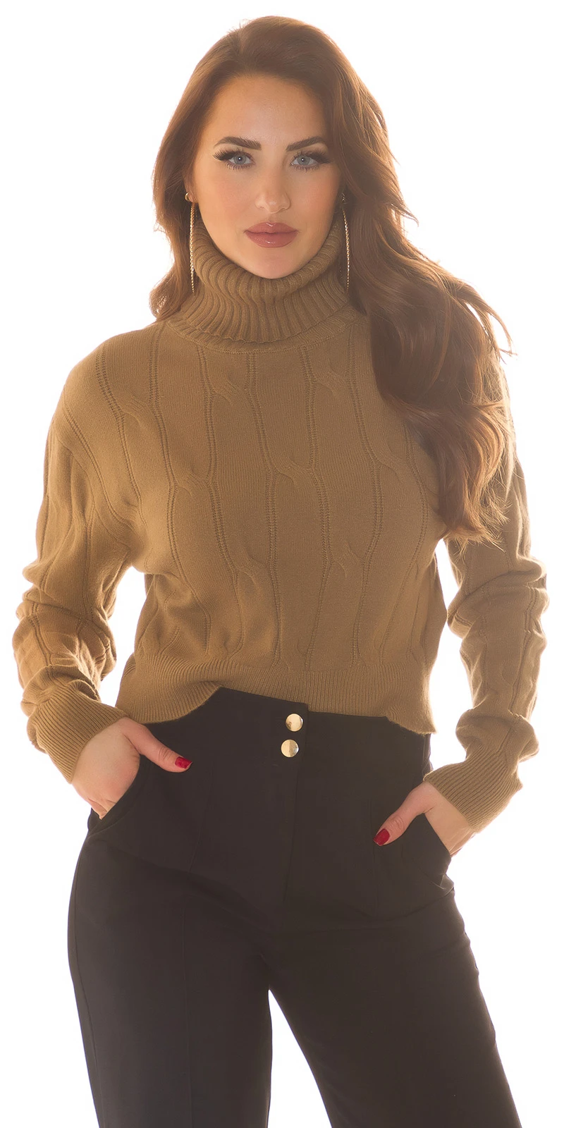 Musthave Crop Strickpullover Bauchfrei Turtle Neck Rollkragen Pullover Langarm mit Musterung