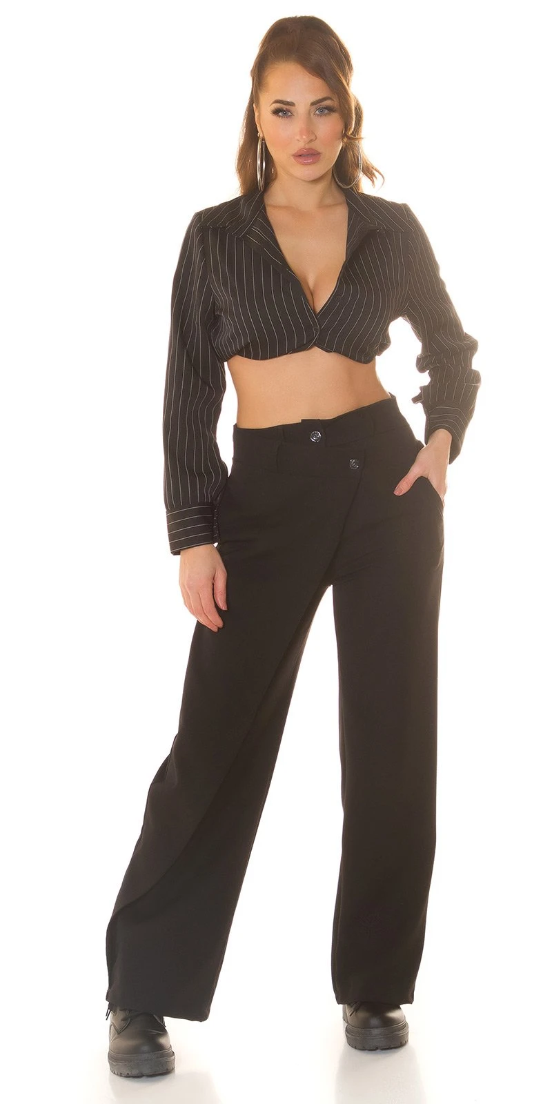 Highwaist Hose Stoffhose Bootcut Weites Bein mit Asymmetrie Akzent