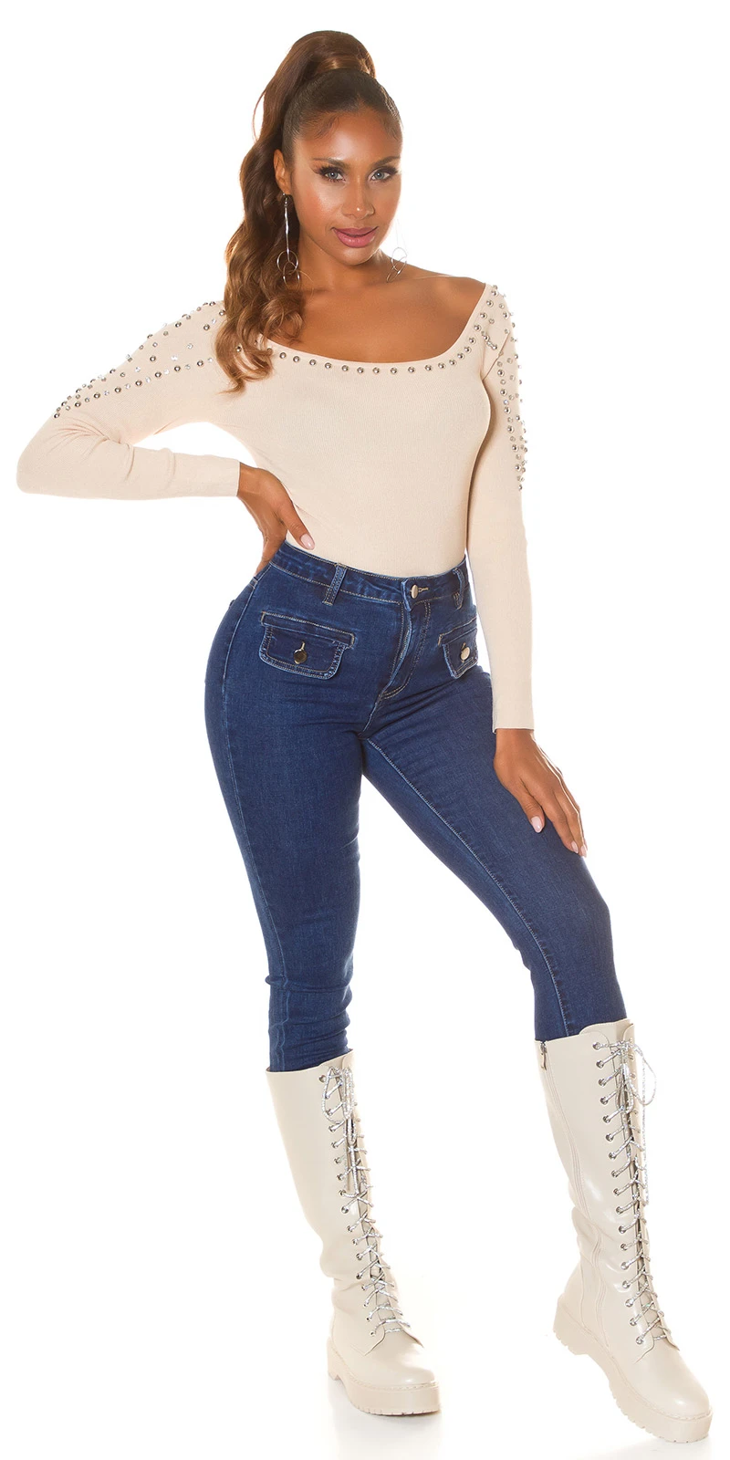 Skinny Fit High Waist Stretch Jeans Denim Hose mit Klappen