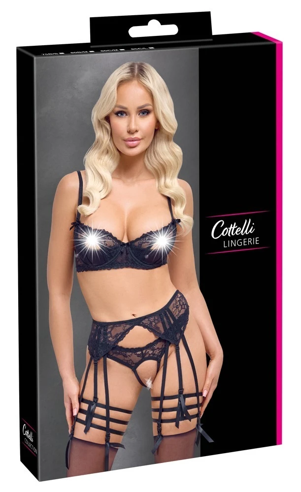 Cottelli LINGERIE Ouvert Set, Bügel-BH, Strapsgürtel und Riostring im Set aus schwarze Spitze