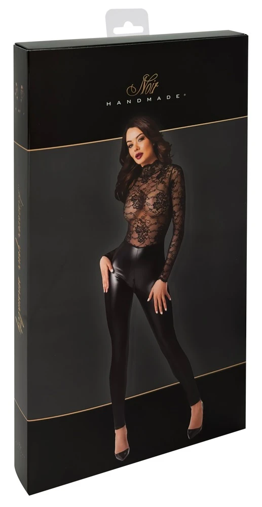 Noir Handmade Hochgeschlossener Hautenger Langarm-Bodystocking, Materialmix Spitze & Powerwetlook