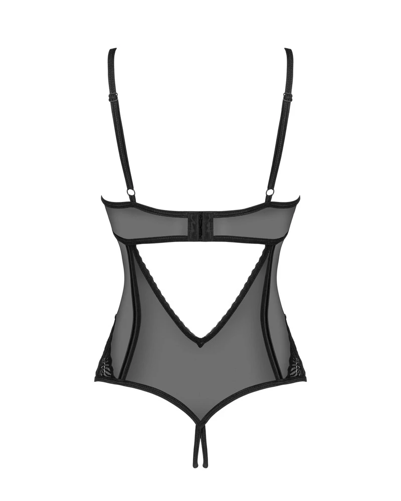 Obsessive Schwarz-transparenter, knapp geschnittener Body ouvert Serena Love aus zartem Stretchtüll. Vertikale Streifen für einen schlanken Look.