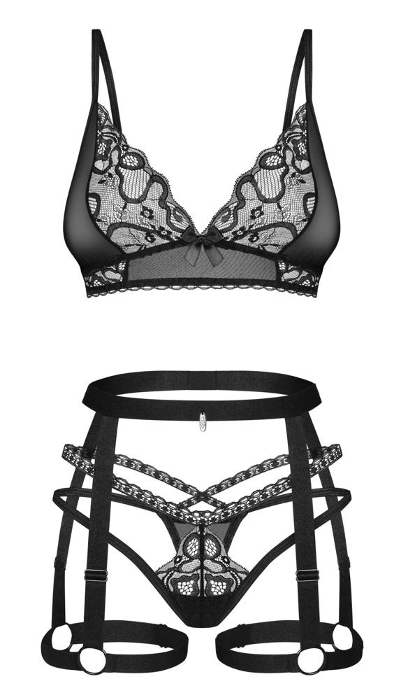 Obsessive Set Blomentis mit Soft-BH, Straps-Harness und String aus Opulenter Spitze und feiner Stretchtüll