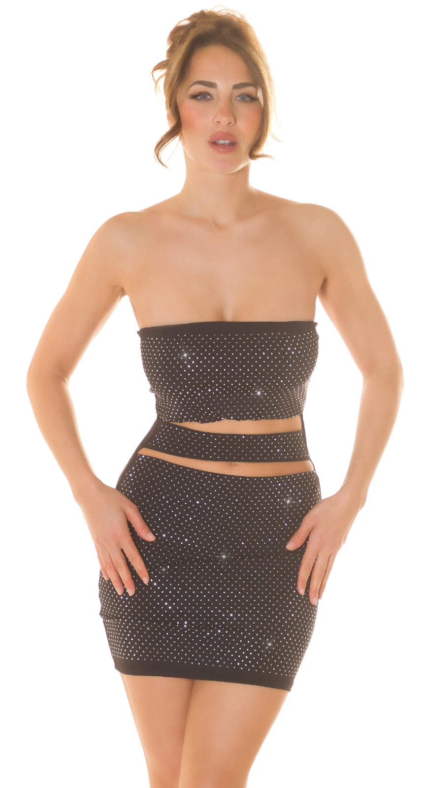 Glamour pur: Figurbetontes Bandeau-Minikleid mit funkelnden Glitzer-Steinchen und verführerischen Cutouts