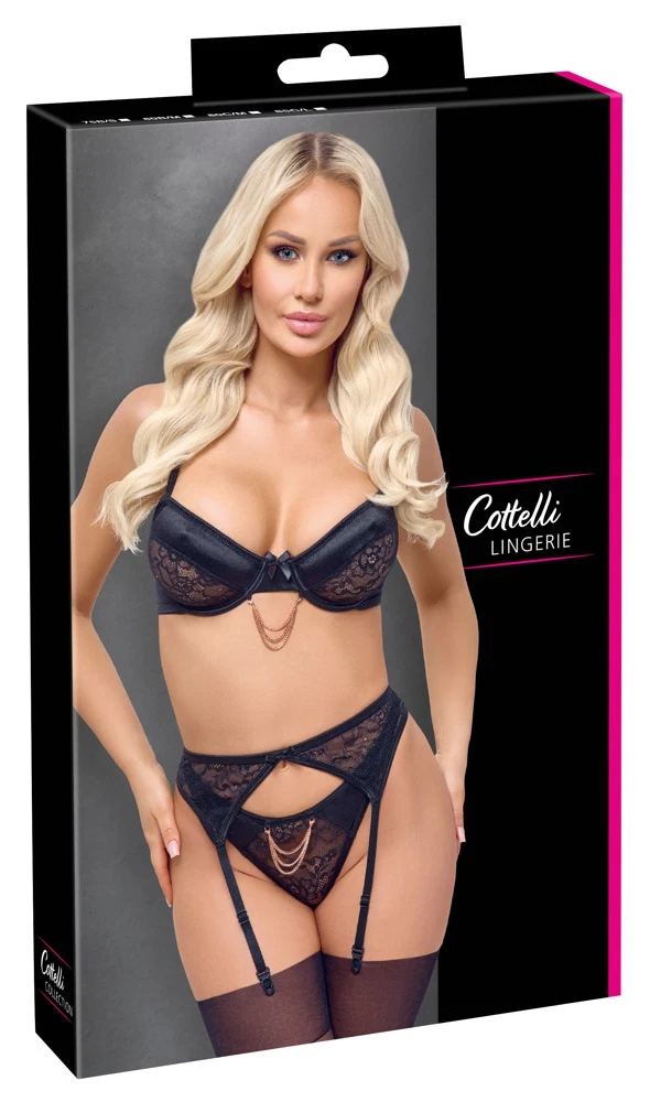 Cottelli LINGERIE Bügel-BH, Strapsgürtel und Riostring im Set, Ouvert im Schritt Kettchen Verzierung