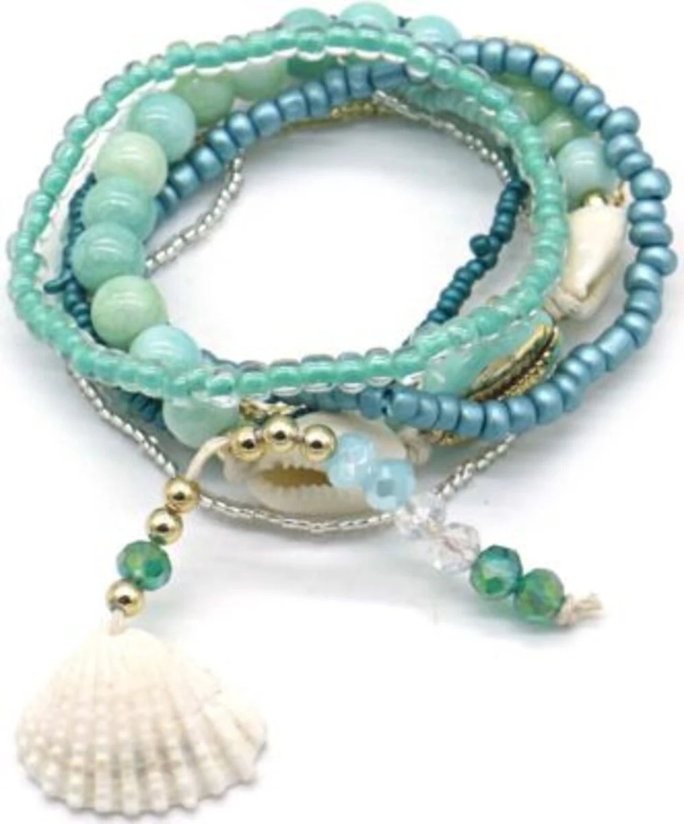 Strand Beach Look Armband Armkettchen Armschmuck 8-teilig mit Zier Perlen und Muschel