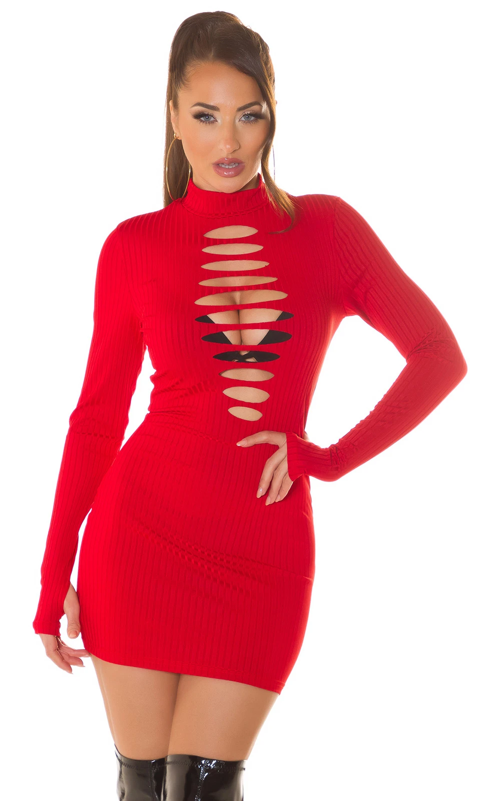 Turtle Neck Rippstrick Langarm Minikleid mit Schlitz-Cutouts