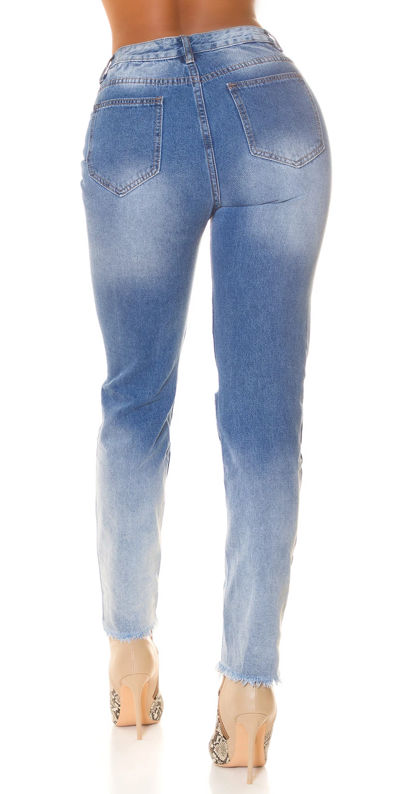 Ombre Look Printed Highwaist Mom Fit Cotton Jeans Hose Destroyed in Used Optik mit Löcher Ripped