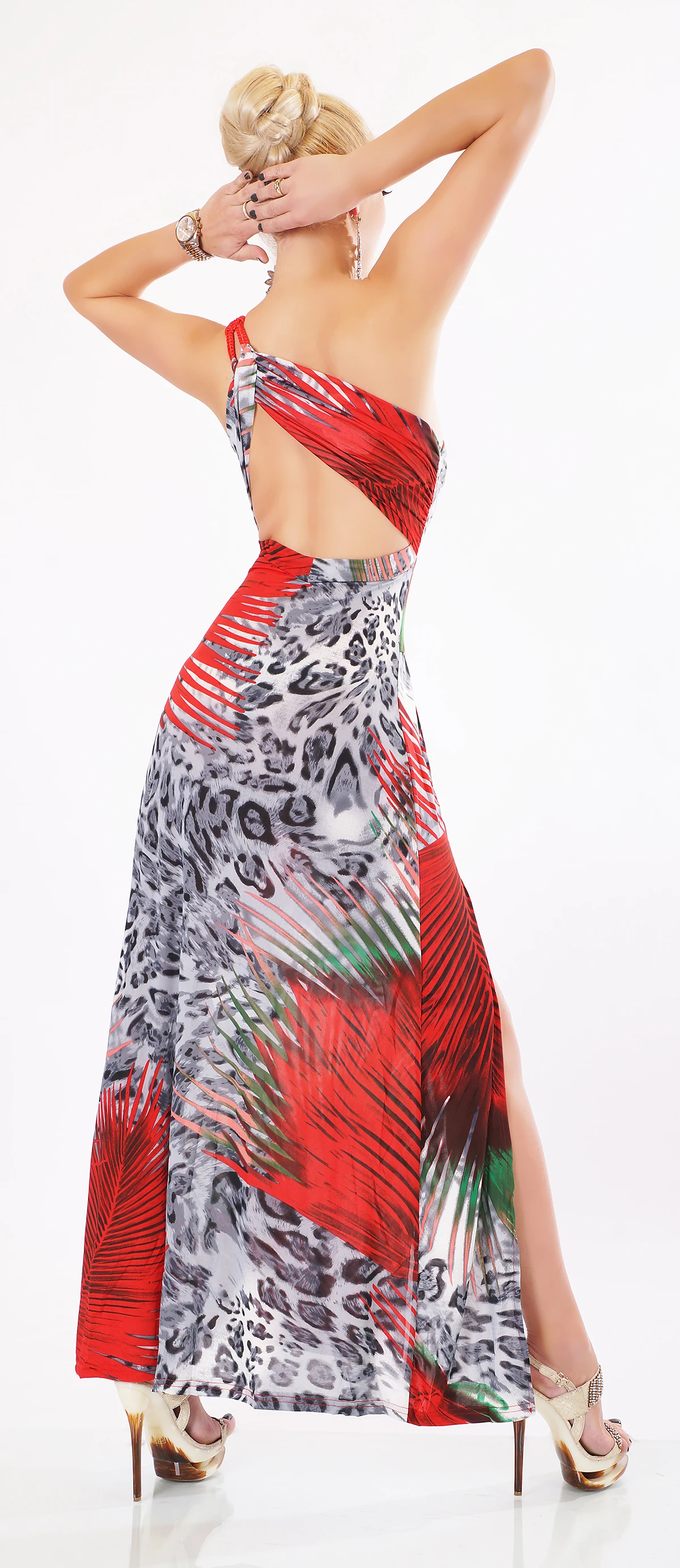 One Shoulder Abendkleid Maxi Asymmetrisch mit Fantasy Leo Print