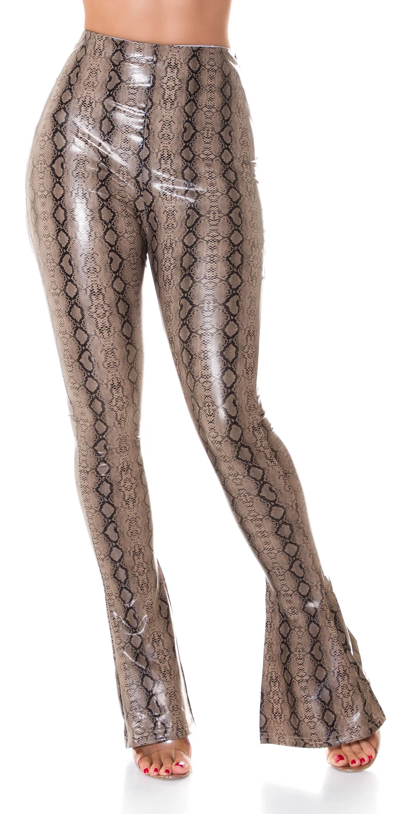 High Waist Snake Printed Leder Look Leggings mit Schlag