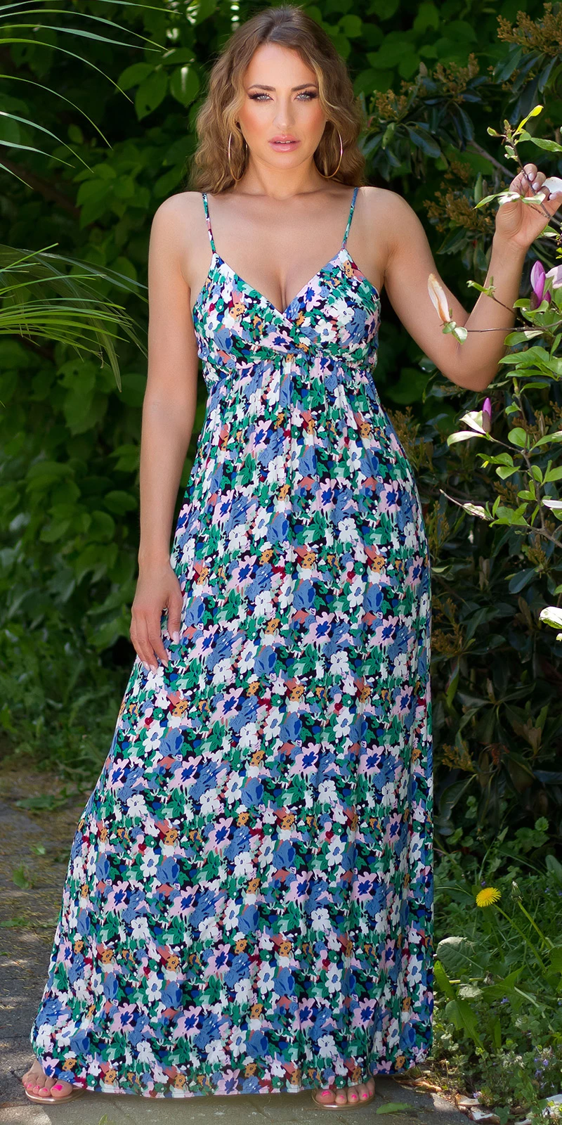 Flower Printed Träger Wickel V-Neck Maxi Viskose Sommerkleid