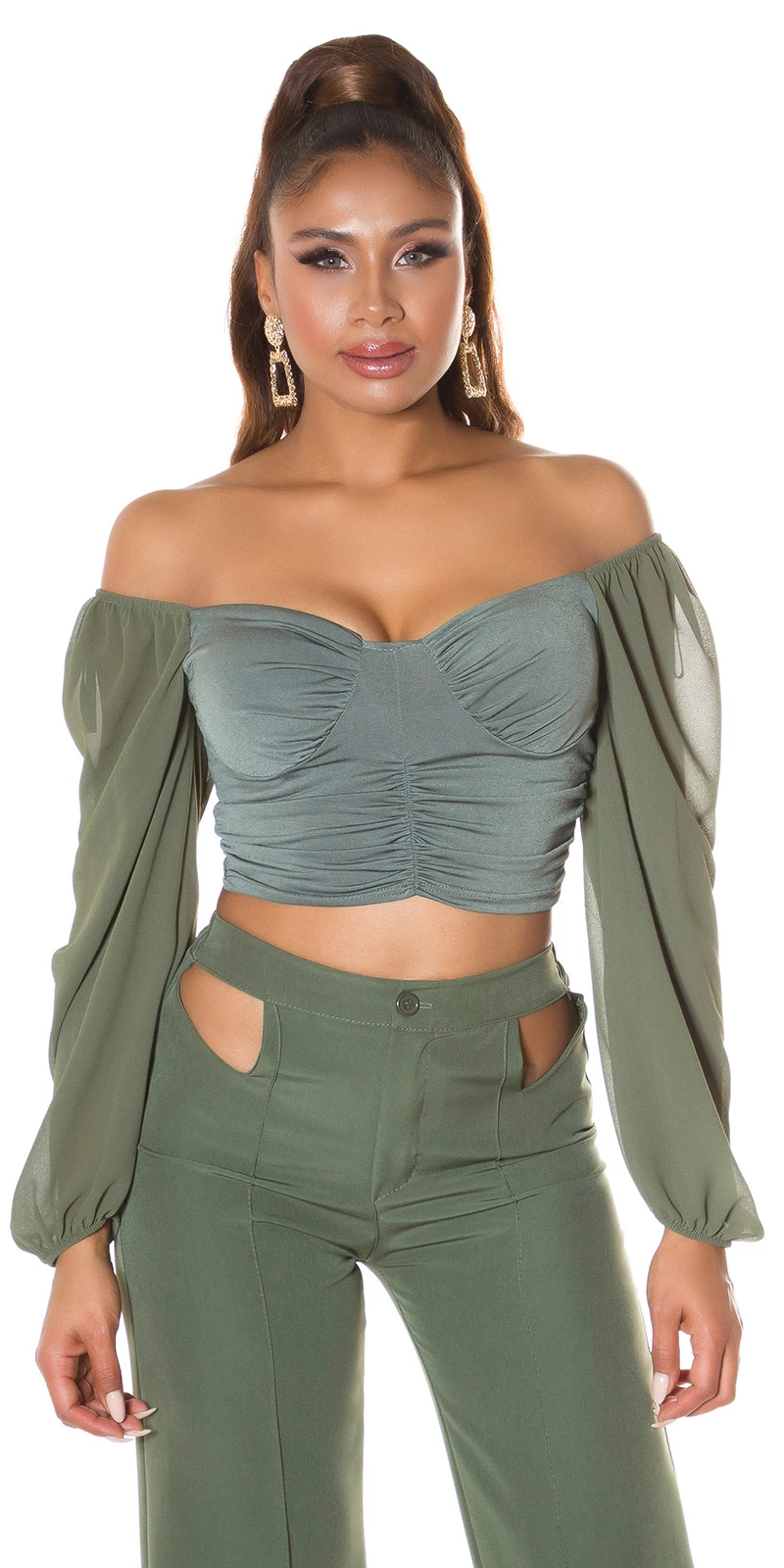 Chic Off Shoulder Crop Blusen Langarm Top mit Raffung