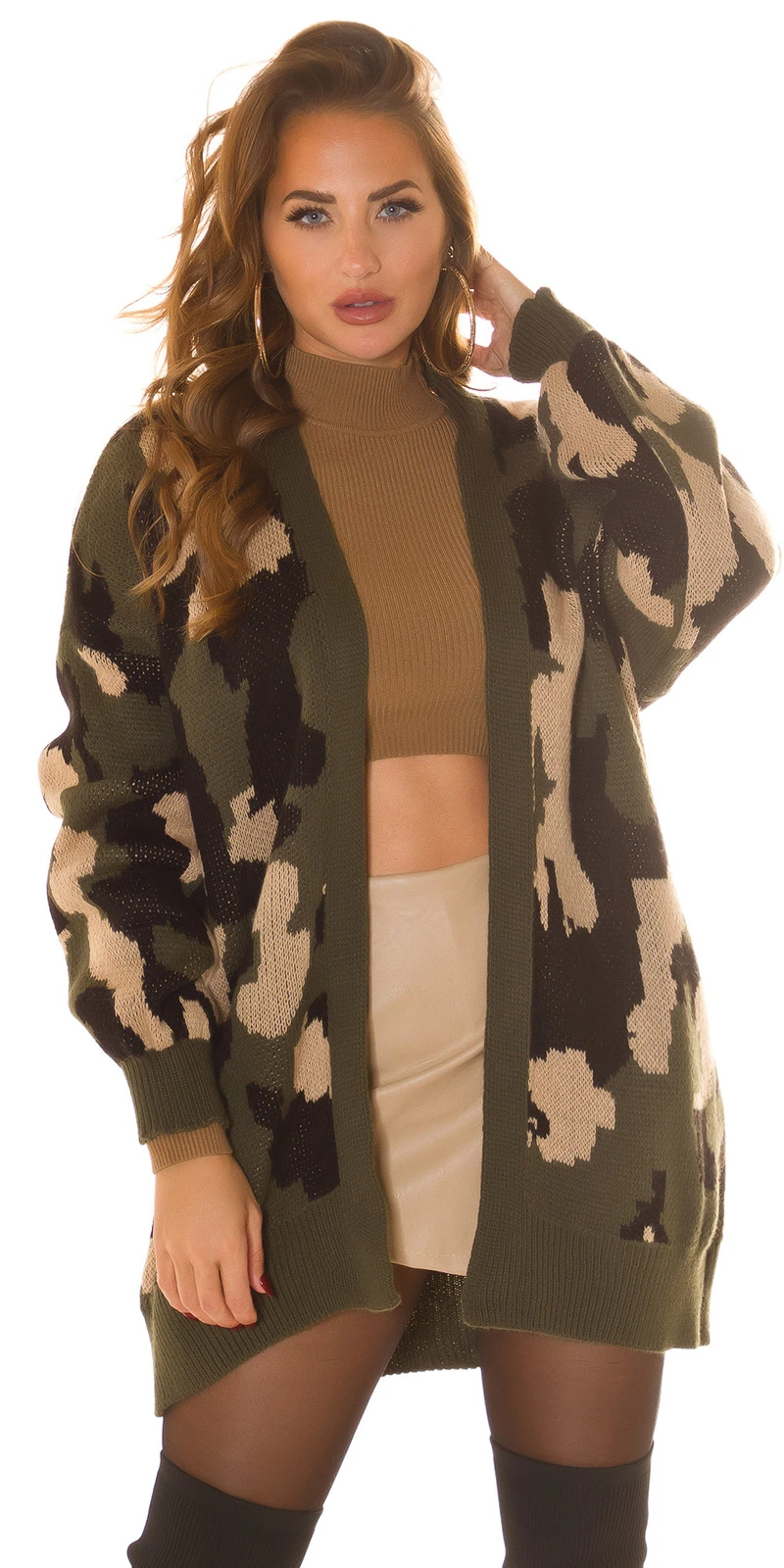 Oversize Winter Strickjacke Langarm Cardigan Camouflage Offene Front