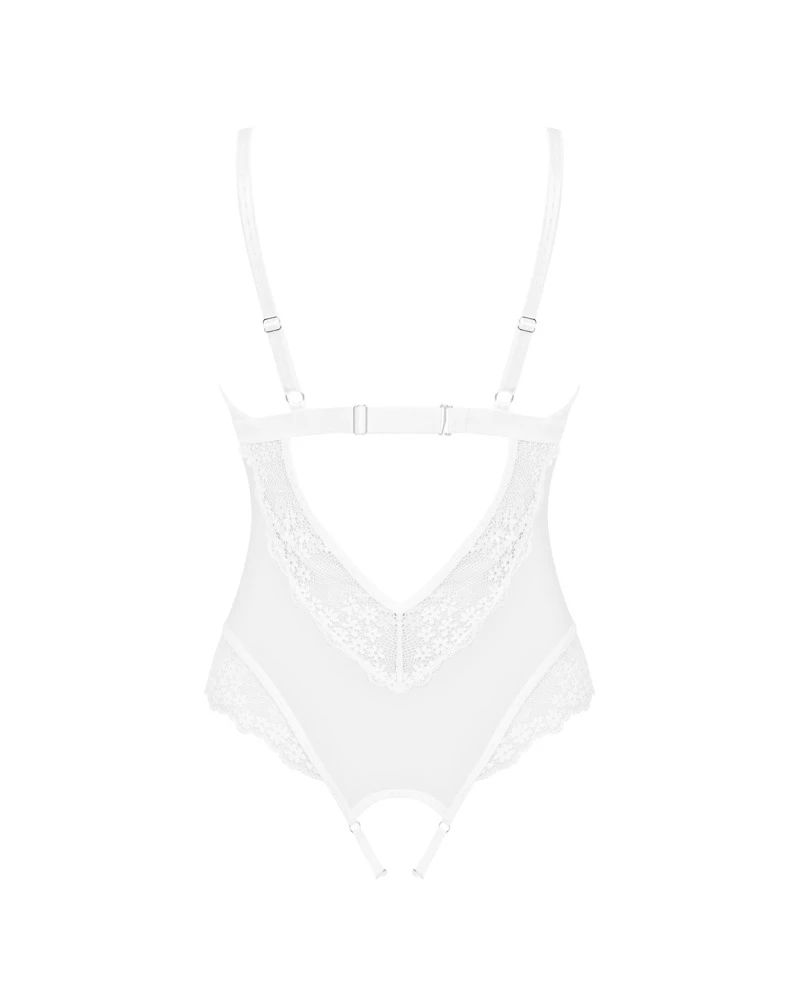 Obsessive Transparenter weißer Body ouvert Heavelly mit schönen Spitzen-Details. Rundum weich und elastisch für hohen Tragekomfort.