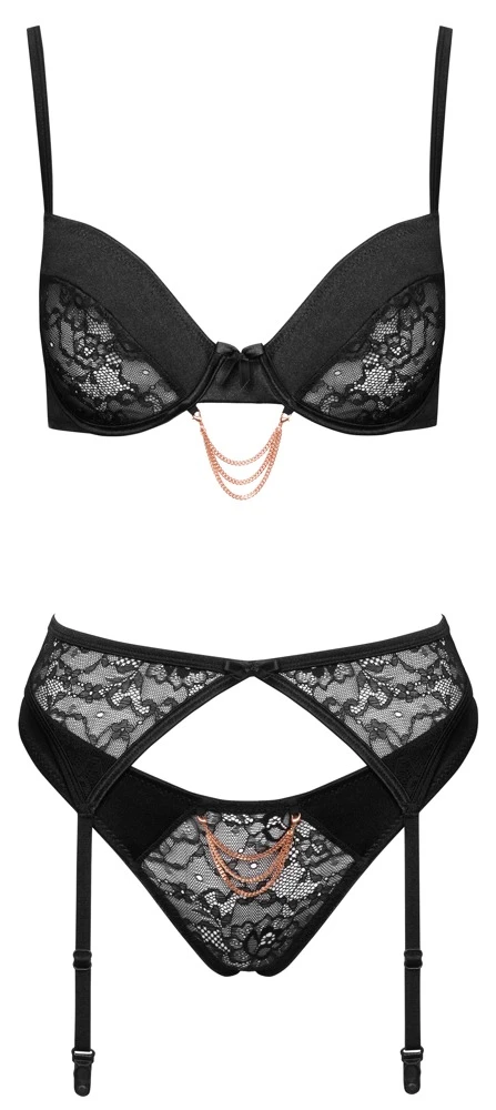 Cottelli LINGERIE Bügel-BH, Strapsgürtel und Riostring im Set, Ouvert im Schritt Kettchen Verzierung