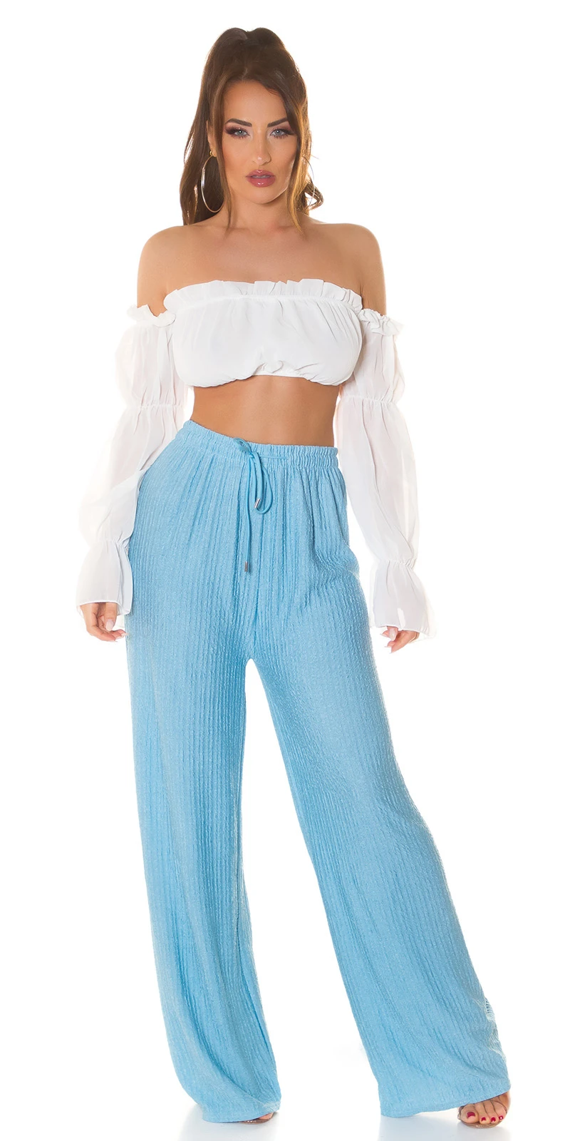 Uni High Waist Plissee Marlene Hose Lang Sommerhose mit weitem Bein