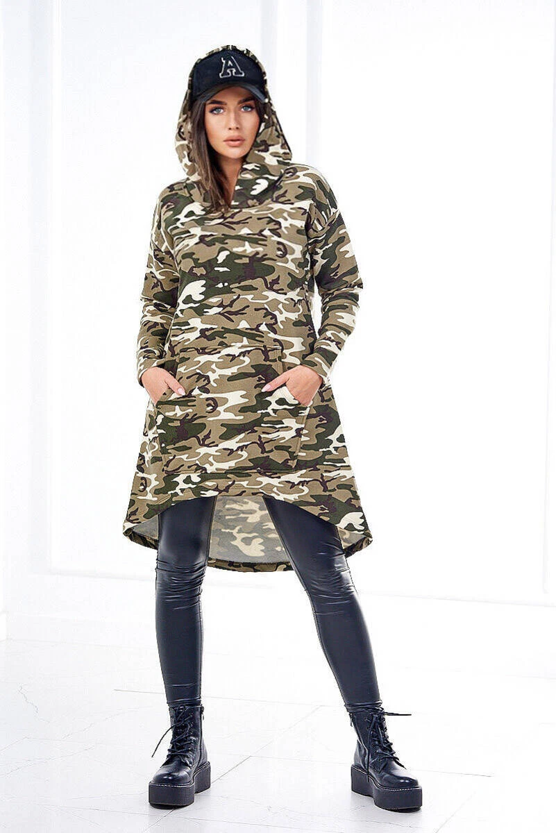 Camouflage Kapuzenpullover lang Freizeitkleid Minikleid Hoddie Sweatkleid