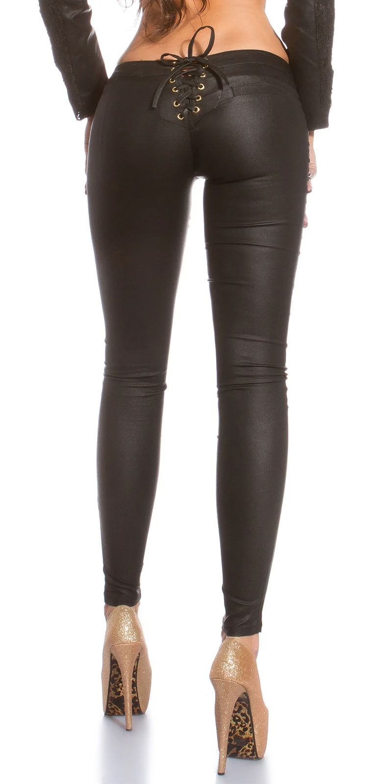 Treggings Jeggings Lange Stretch Hose Wet-Look mit Nieten-Verzierung