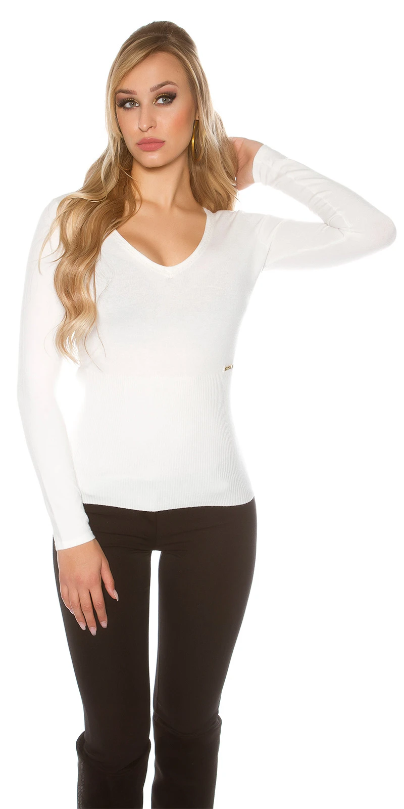 Uni Feinstrick V-Neck Pullover mit Deko Spitzen Einsatz