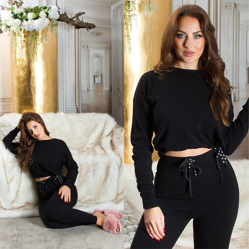 Basic Loungewear-Set Freizeit-Outfit Home-Anzug Crop Pullover Highwaist Hose Leggings Feinstrick 2-Teiler