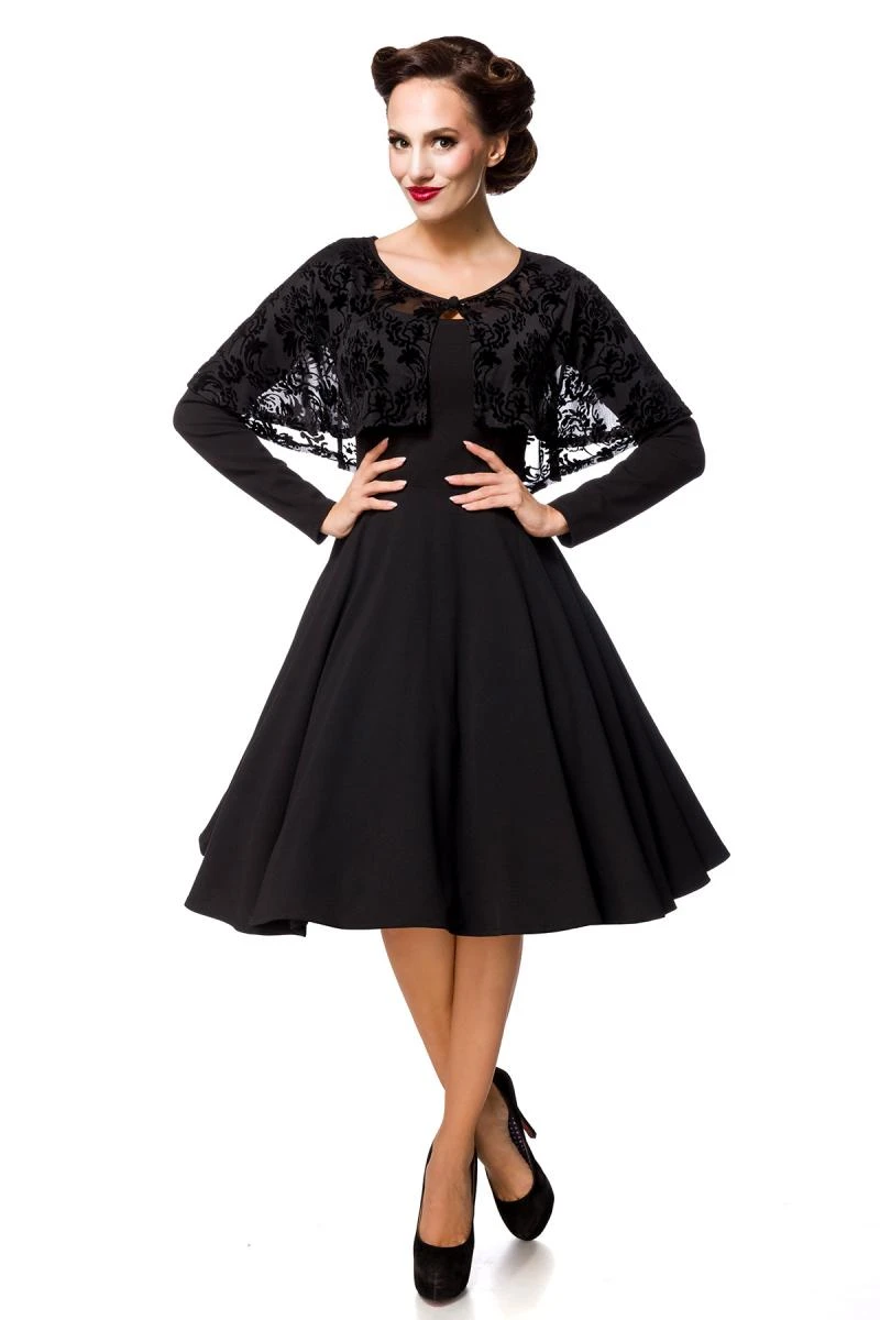 Retrokleid mit Cape aus Netz mit floralem Muster und samtigem Flockdruck