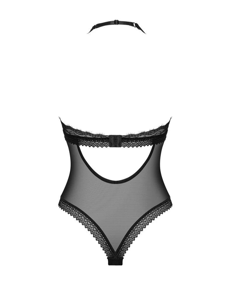 Obsessive Schwarz-transparenter, knapp geschnittener Stringbody  mit blickdicht unterlegten Cups. Feiner Material-Mix mit feiner Wimpernspitze.