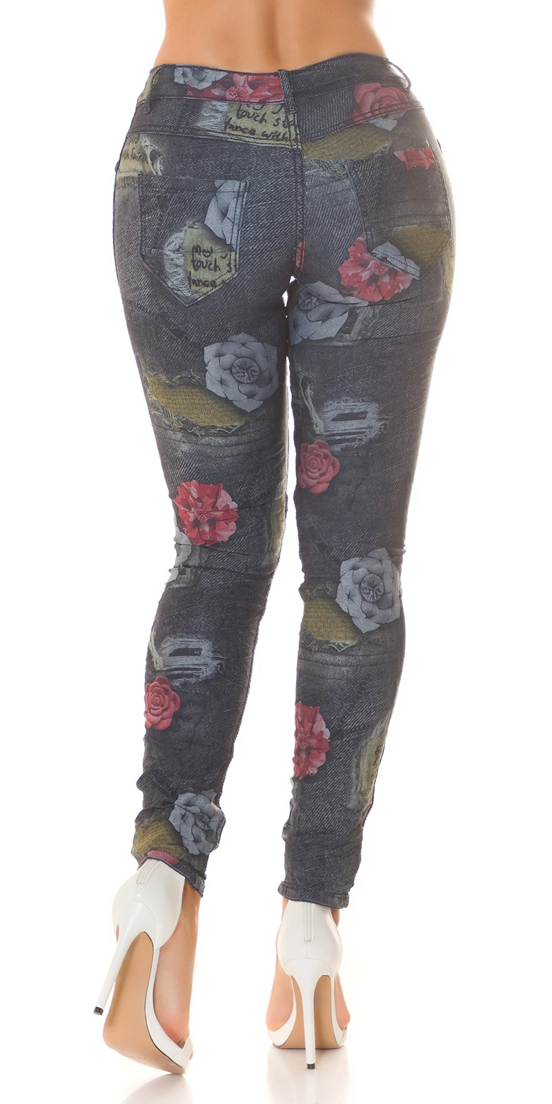 2in1 Skinny Jeans Hose Treggings zum Wenden mit Flower Blumen Print Röhrenjeans mit Wende-Funktion