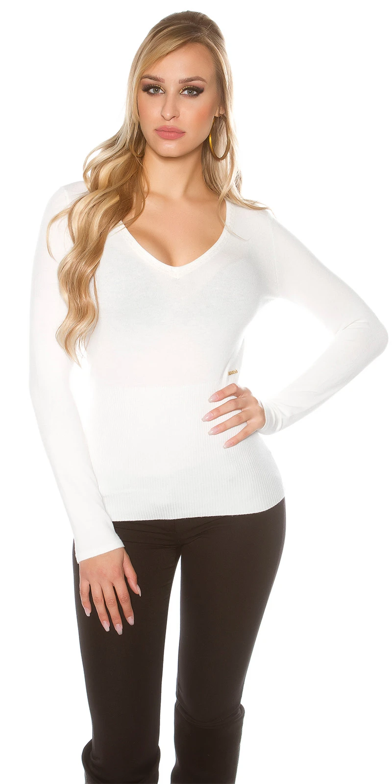 Uni Feinstrick V-Neck Pullover mit Deko Spitzen Einsatz